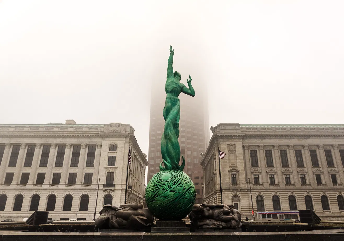 Fountain of Eternal Life sculpture dissolving into fog, Cleveland War Memorial