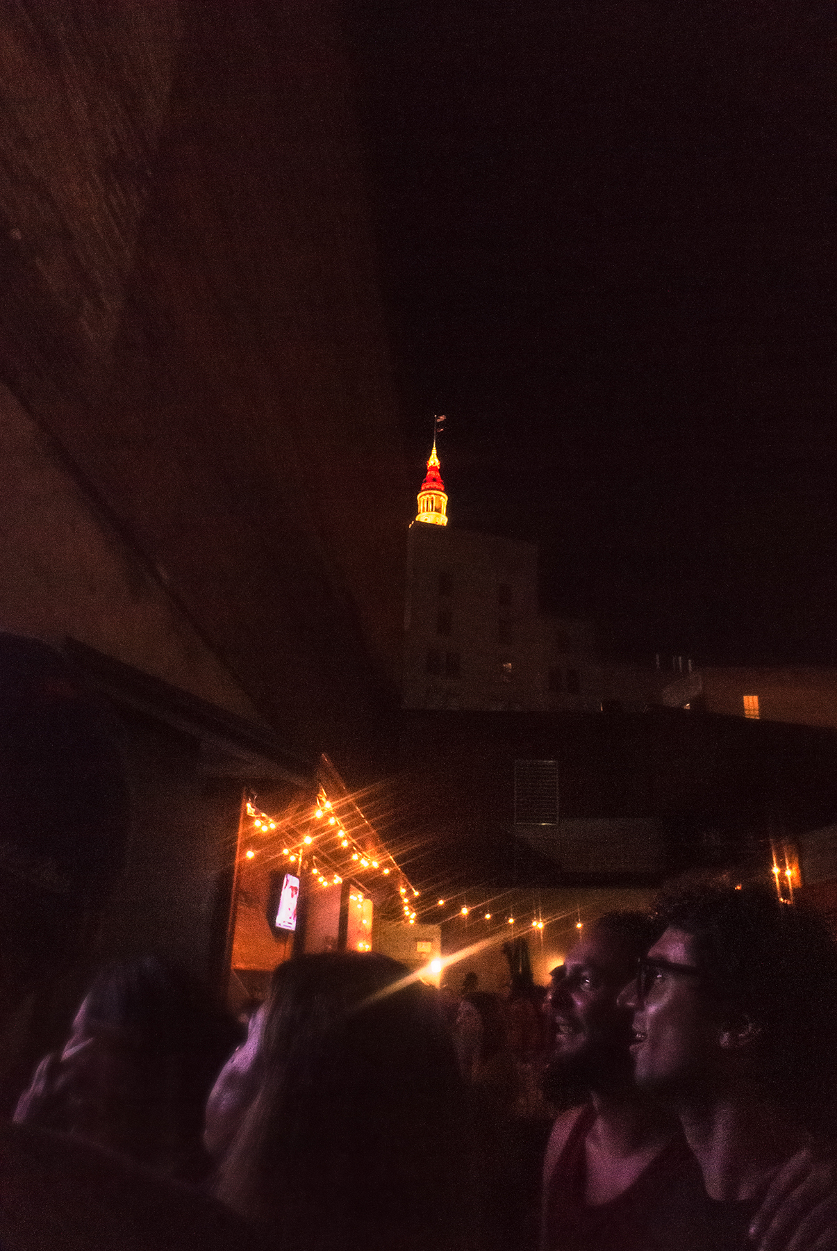 Terminal Tower lit in Cavaliers wine and gold on championship night, Cleveland